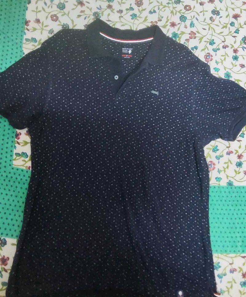 Patterned Navy Blue Polo Shirt