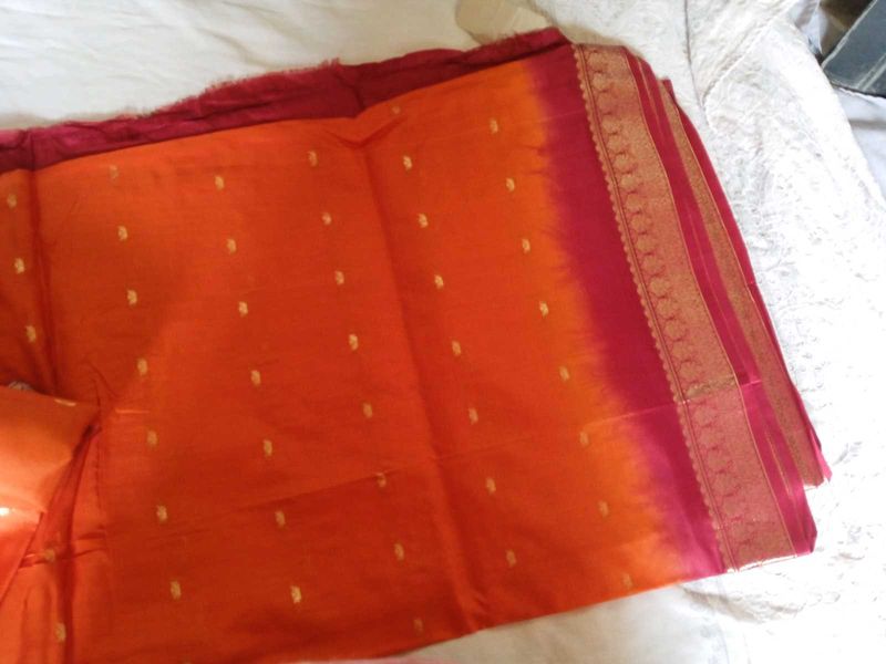 Orange &amp; Pink Silk Saree with Gold Accents