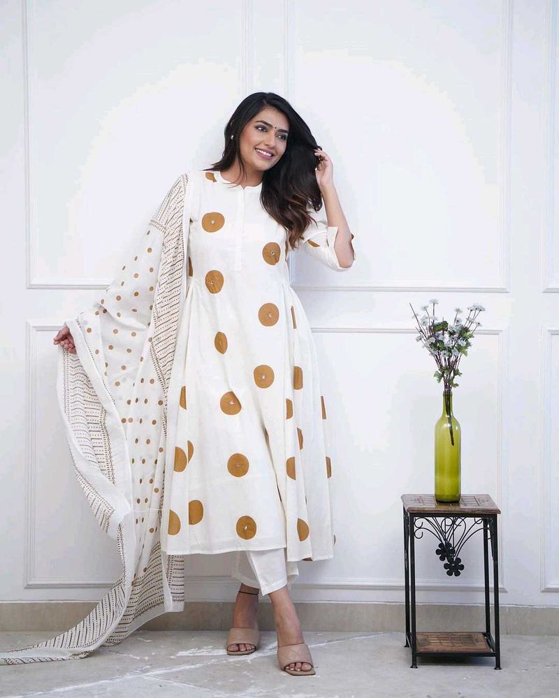 White &amp; Brown Polka Dot Anarkali Suit