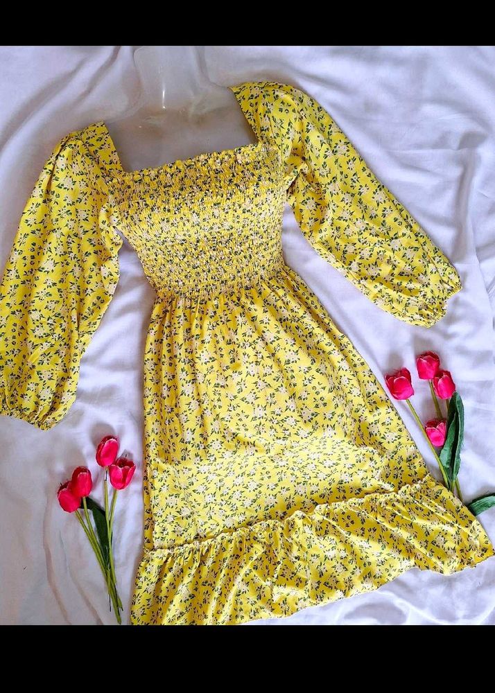 Yellow Floral Long Sleeve Dress