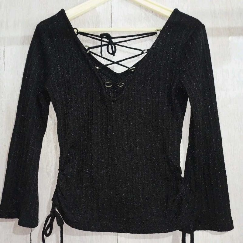 Sparkly Black Lace-Up Top