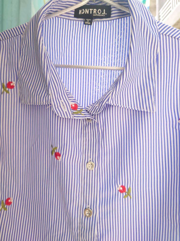 BLUE &amp; WHITE STRIPED EMBROIDERY HALF SLEEVE SHIRT