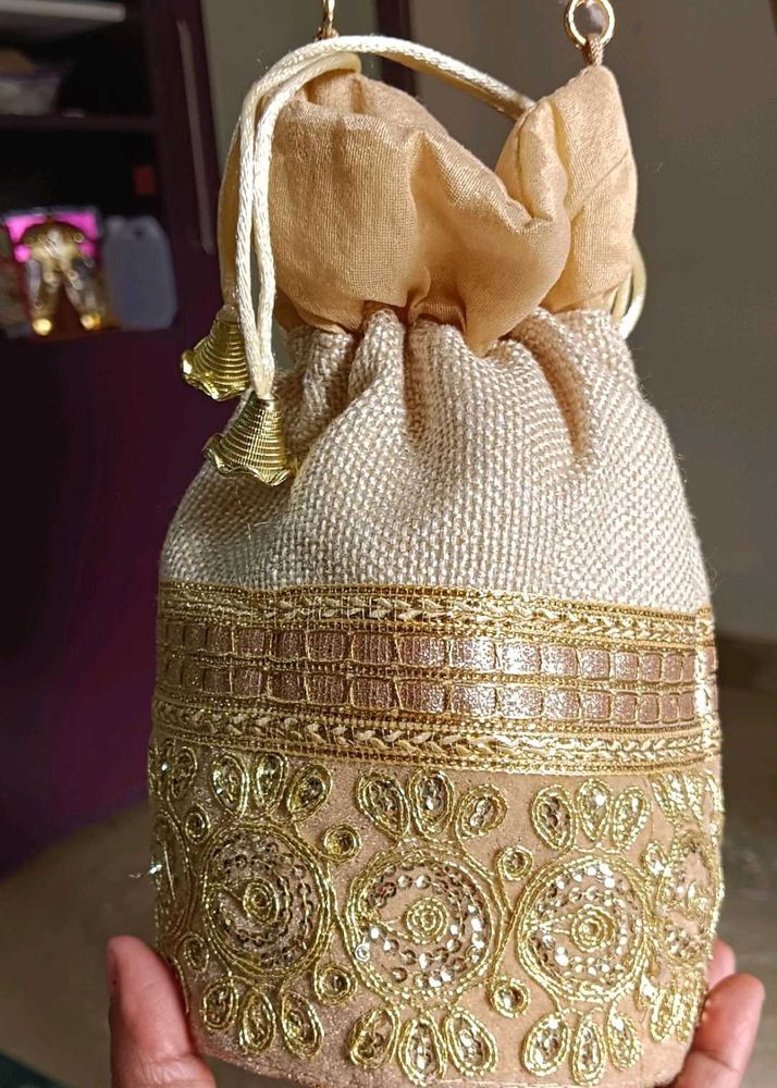 2 Gold Embellished Drawstring Potli Bags