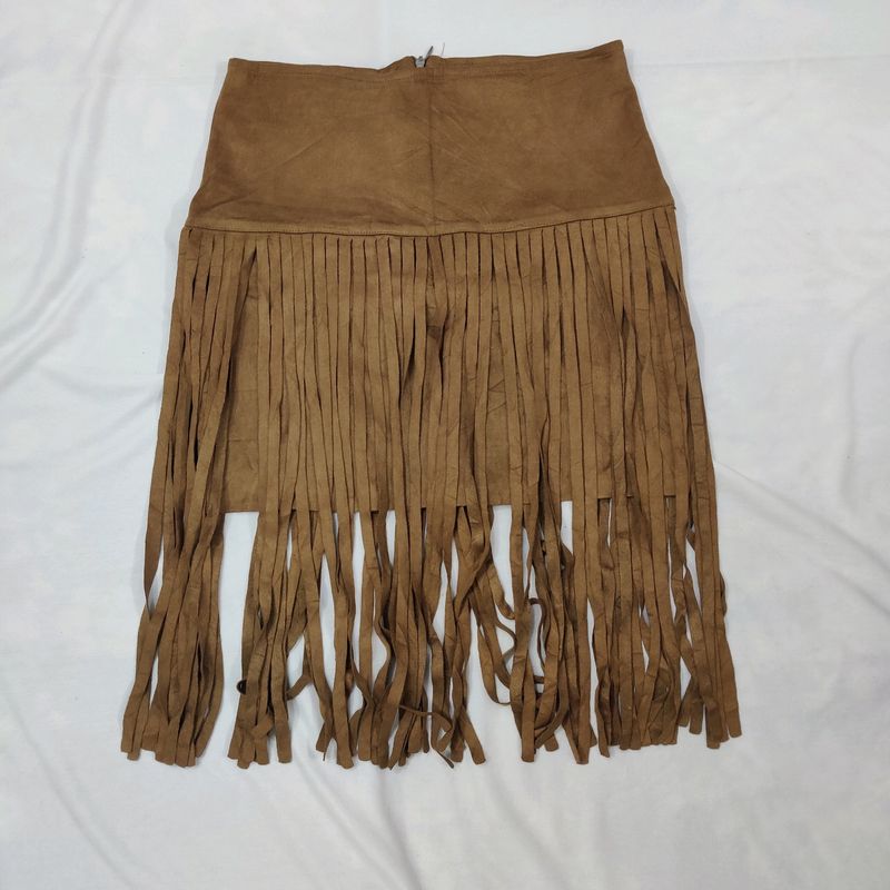 Tan Brown Psuede Skirt With Fringes