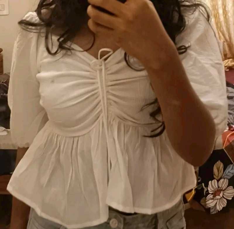 White Puff Sleeve Peplum Top With Free Gift