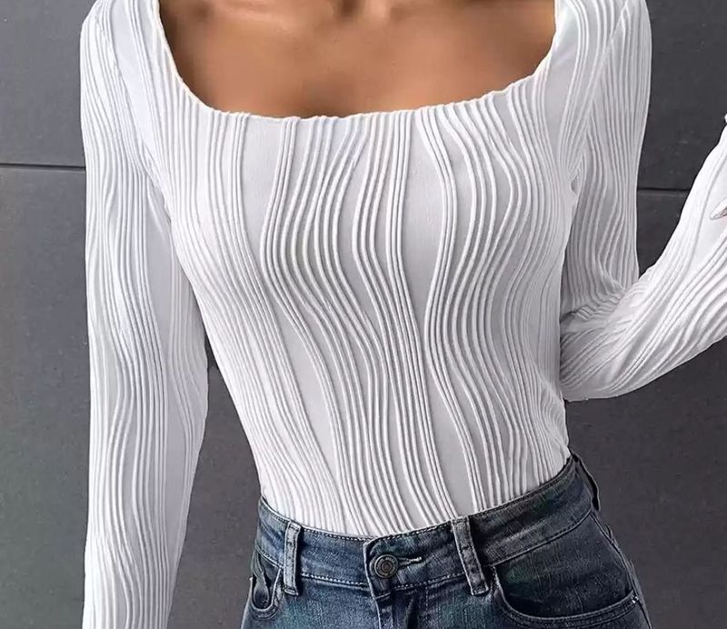 White Textured Long Sleeve Top