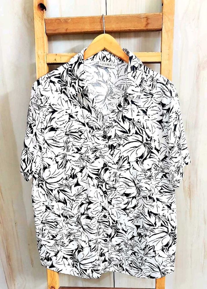 White Printed Cotton Shirt Size-42