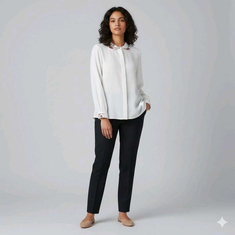 Floral Embroidered White Button-Up