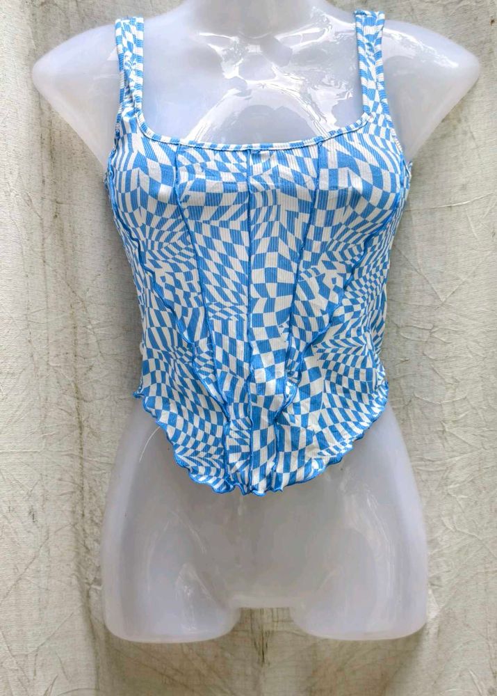 I. Blue &amp; White Checkered Corset Top