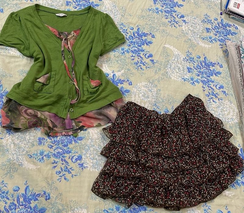 Cute Green Top &amp; Floral Skirt Set