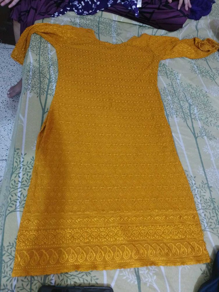 Mustard Yellow Embroidered Kurti