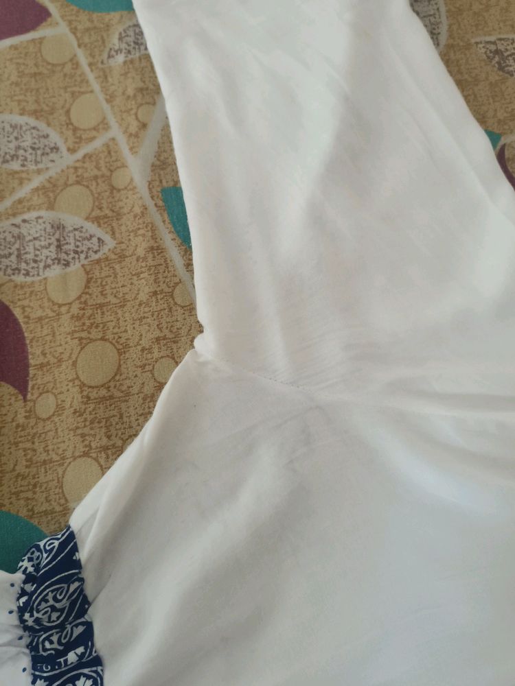 Long White And Blue Cotton Dress. Soft Fabric