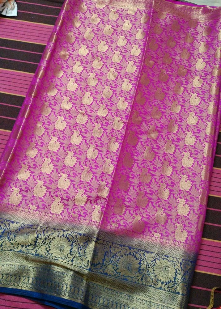 Pink Zari Work Printed Slik Saree With Blouse