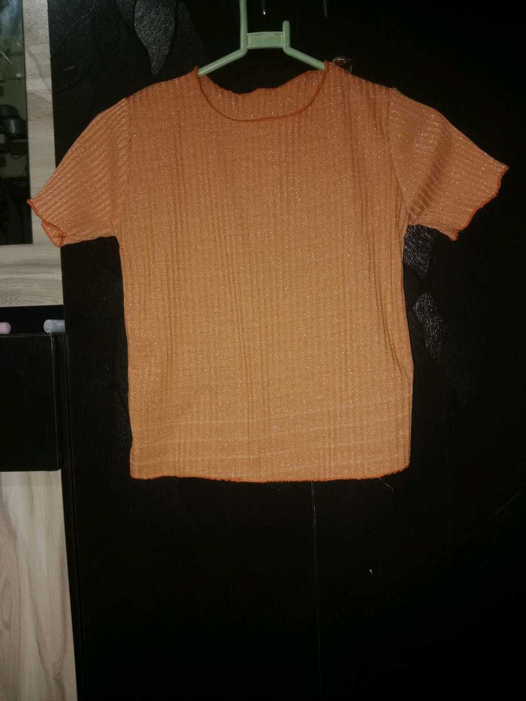 Cute Orange Ribbed Short Sleeve Top