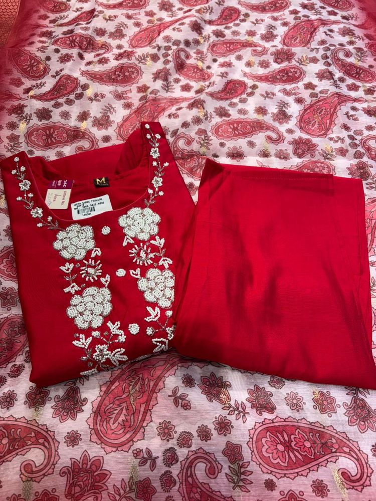Red Embroidered Kurta Pant Set - Size M