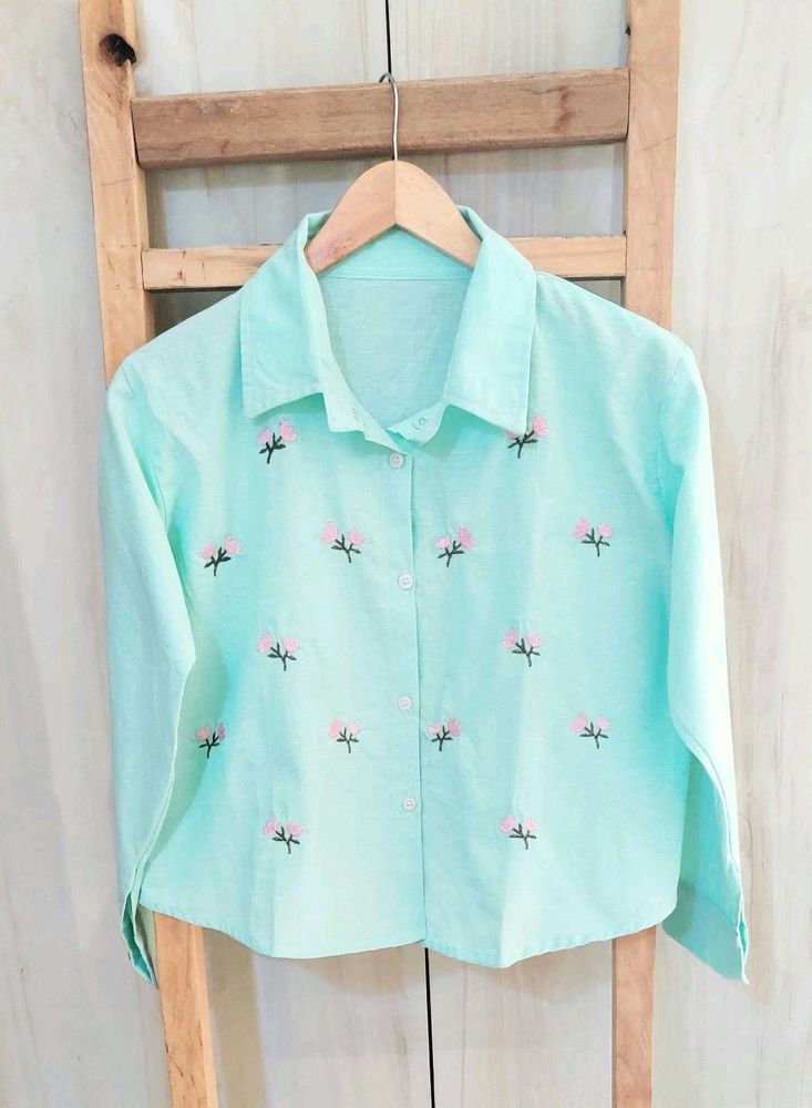 Light Green Embroidery Cotton Shirt Size-36-38