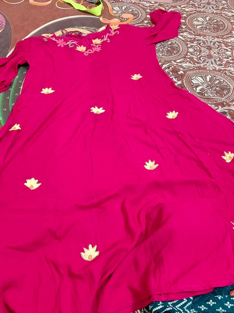 Dark Pink Frock Style Long Kurti &amp; Plazo Set