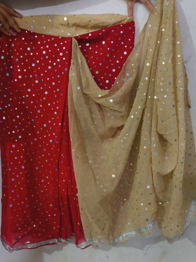 Red And Cream Baby Sari With Tikli Work