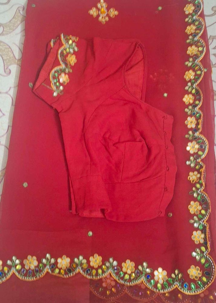 Red Embroidered Saree With Blouse