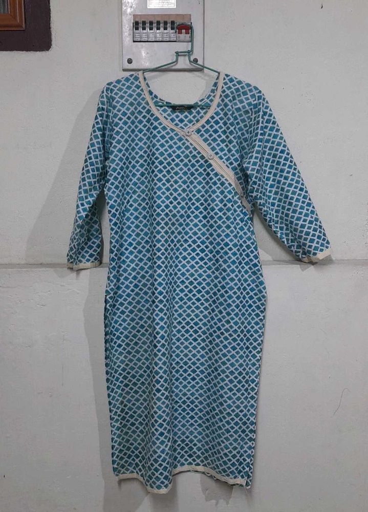 Cyan White Cotton Kurthi