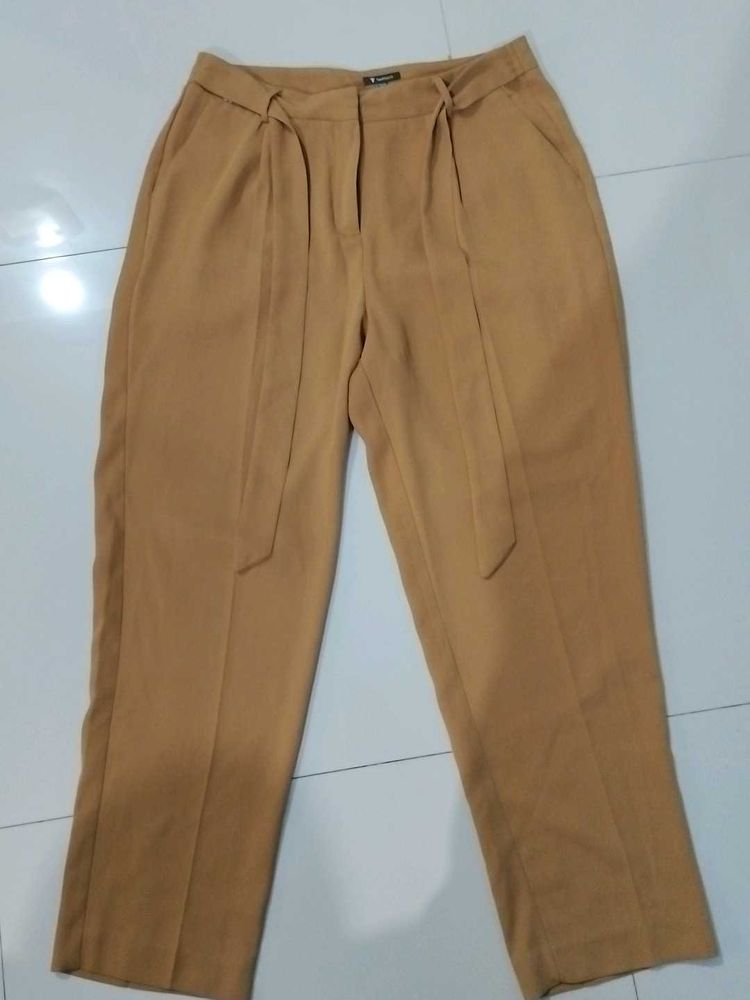 Mustard Brown Formal Trousers With Inbuilt Belt