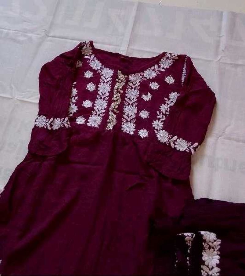 Maroon Embroidered Kurta Set with Duppta