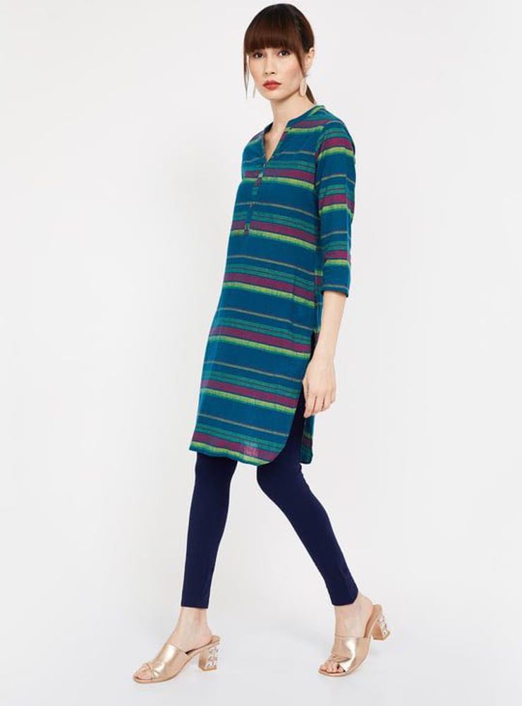Striped Blue Cotton Blend Kurta by Melange