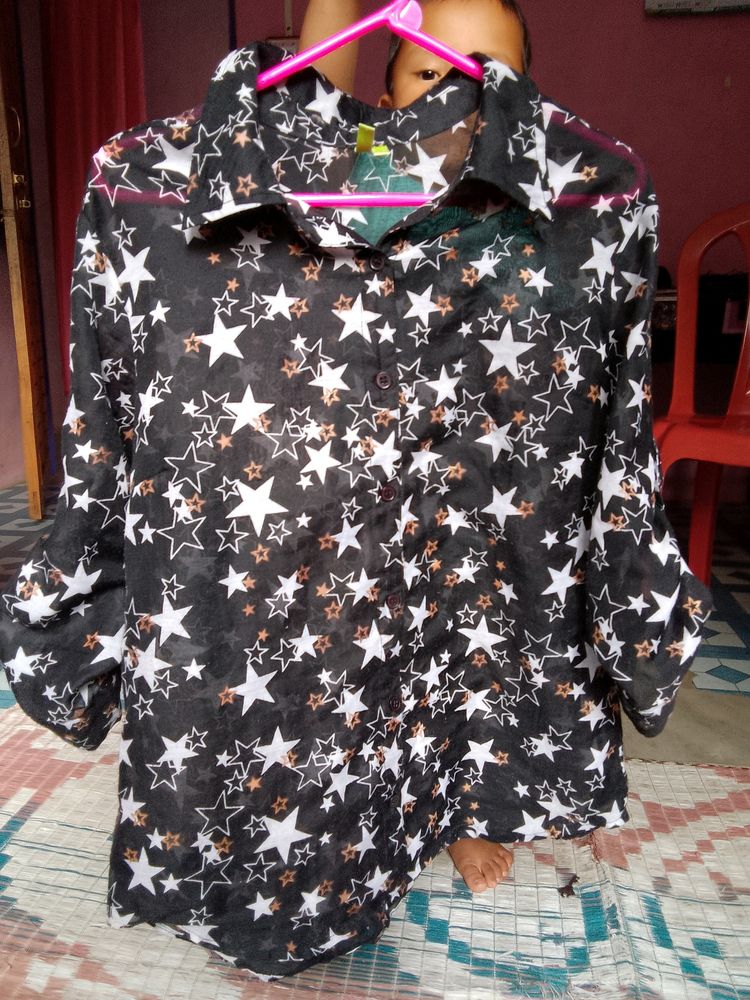 Star Print Button-Down Top