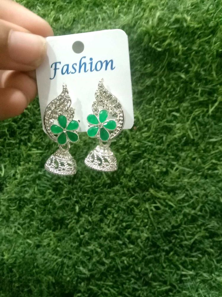 Green Flower Jhumka Earrings