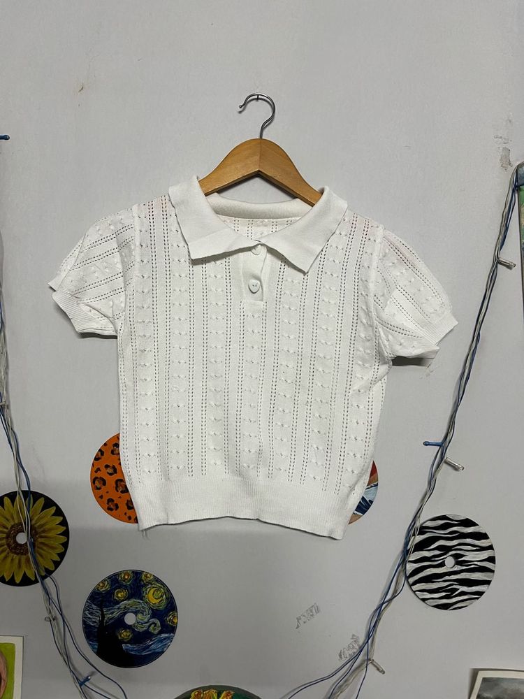 Cute White Knit Polo Top