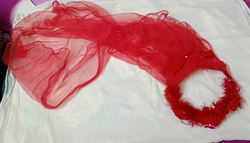 Red Net Hair Veil with Bow and Pearl Accent