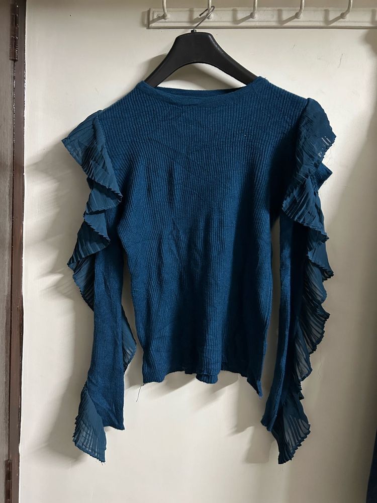 Stylish Blue Ruffle Sleeve Top