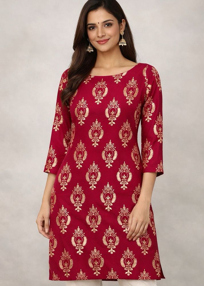 Ziyaa Dark Pink &amp; Gold Printed Kurta (S)