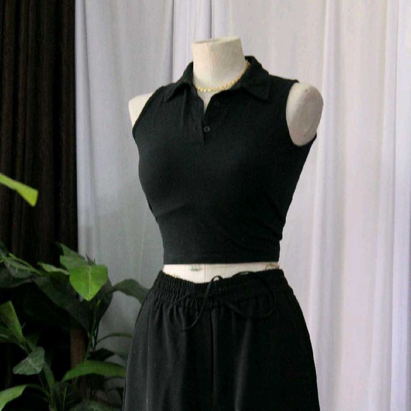 Sleeveless Black Polo Top