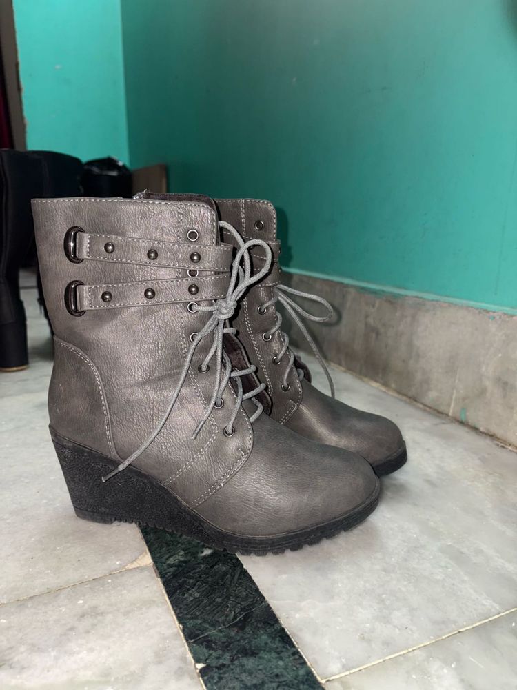 Gray Wedge Heel Boots