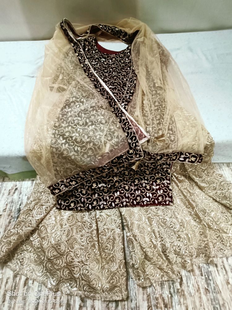 Maroon Velvet Suit With Sharara Party Wear