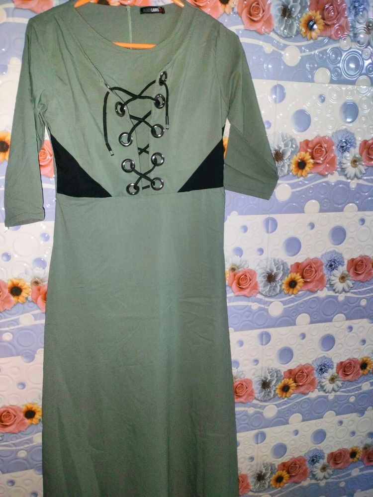 Olive Green Dress with Lace-Up Detail