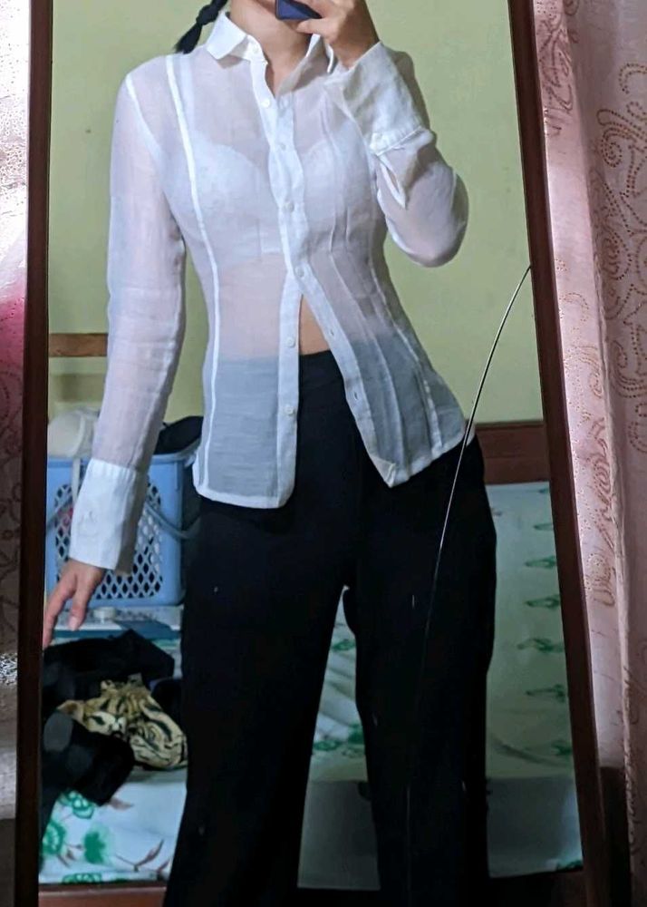 White sheer button-down shirt