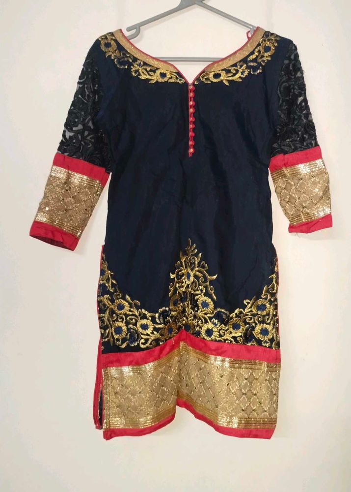 Embroidered Tunic Top With Pajama And Dupatta