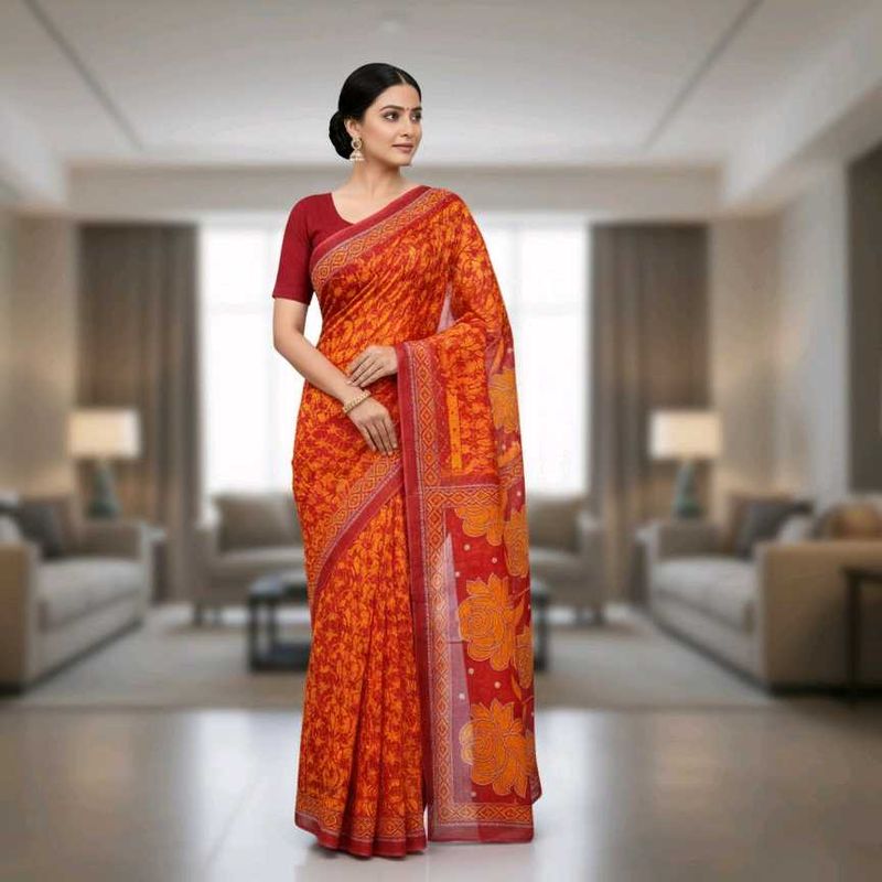 Elegant Orange Floral Cotton Saree
