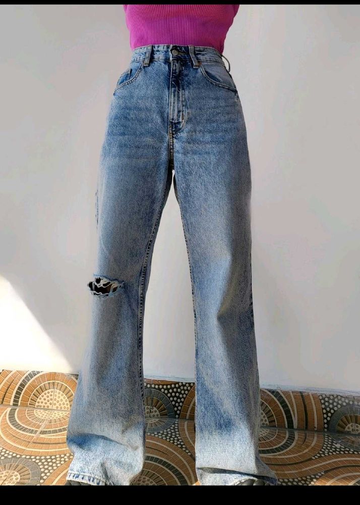 H&amp;M Ripped Baggy Flared Denim /EUR36 Or 26inch
