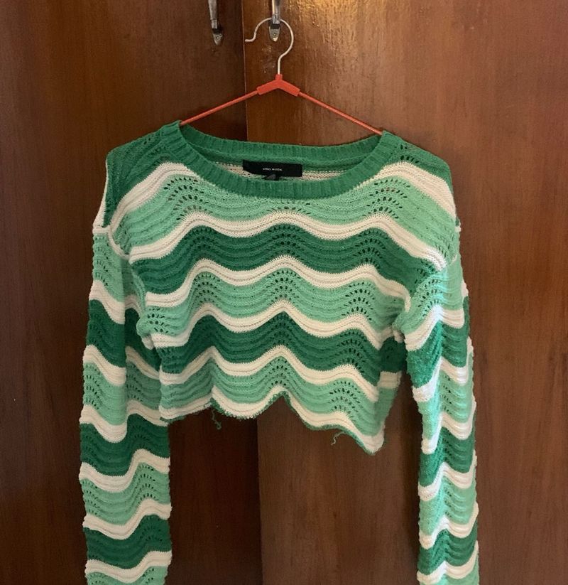 Green &amp; White Crocheted Cropped Wave Sweater