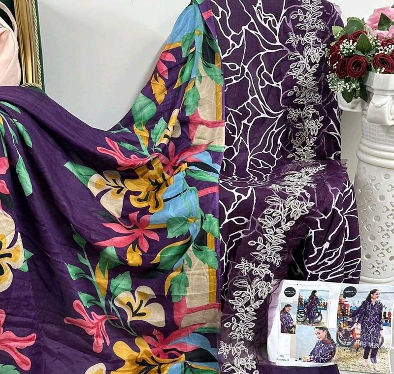 Purple Floral Unstitched Suit