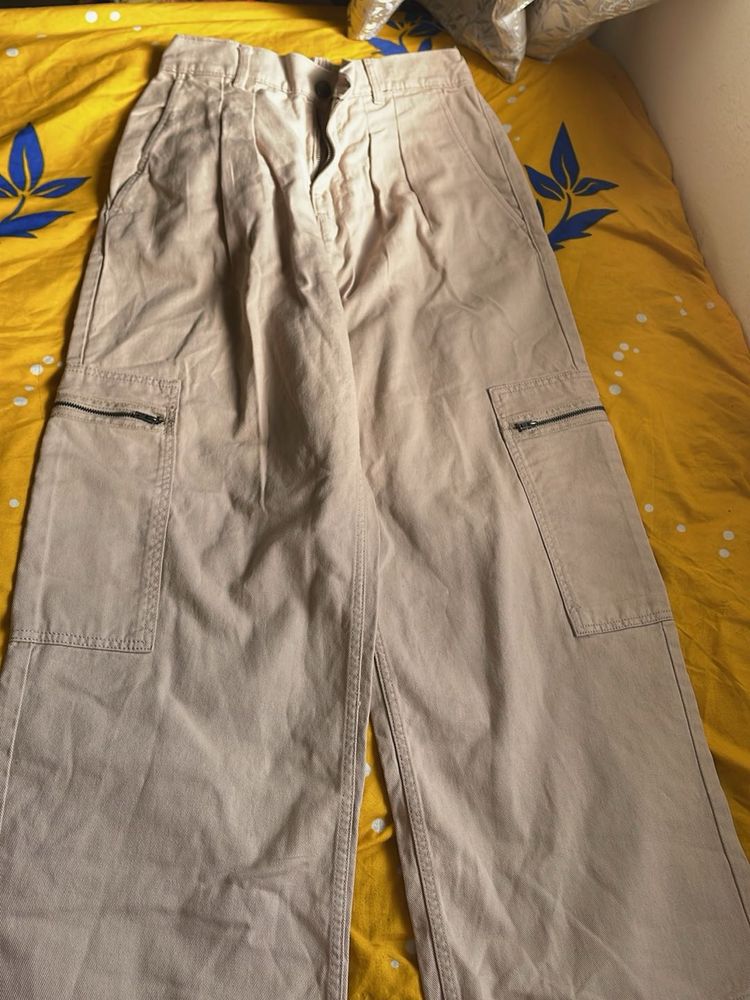 Beige Wide Leg Cargo Pants