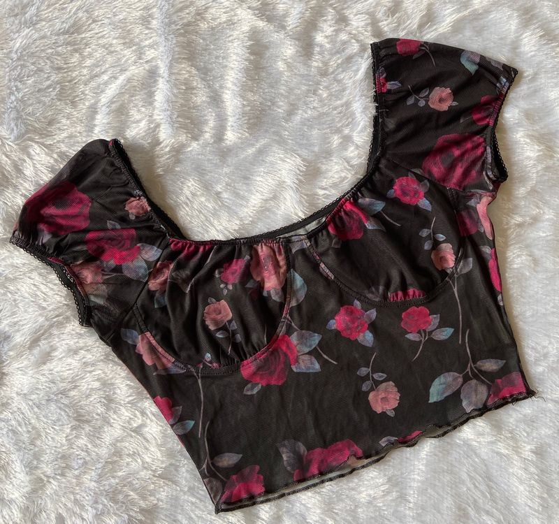 Urbanic Black Floral Printed Mesh Top