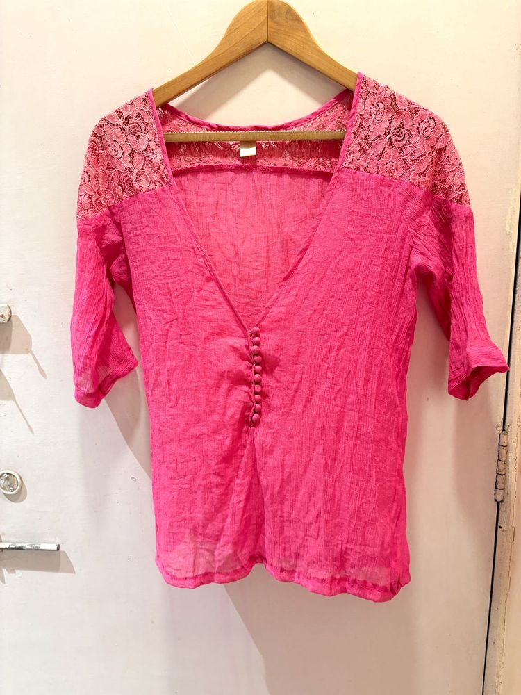 Pink Lace Trim Blouse