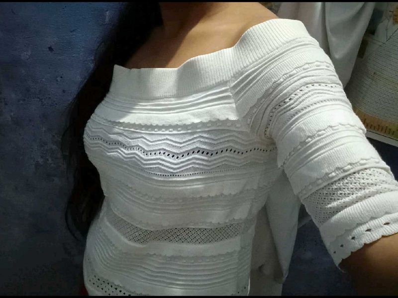 Chic White Off-Shoulder Knit Top | Textured Design