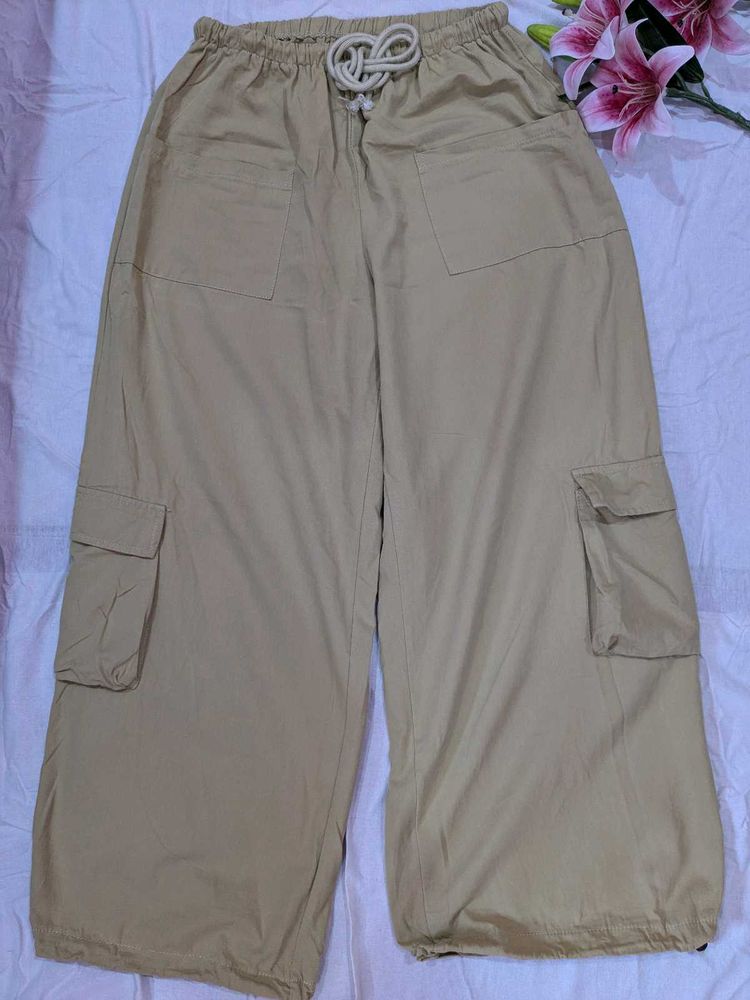 Beige Wide Leg Cargo Pants
