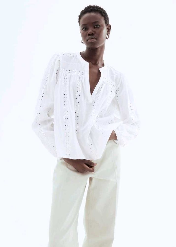 H&amp;M White Eyelet Embroidered Blouse