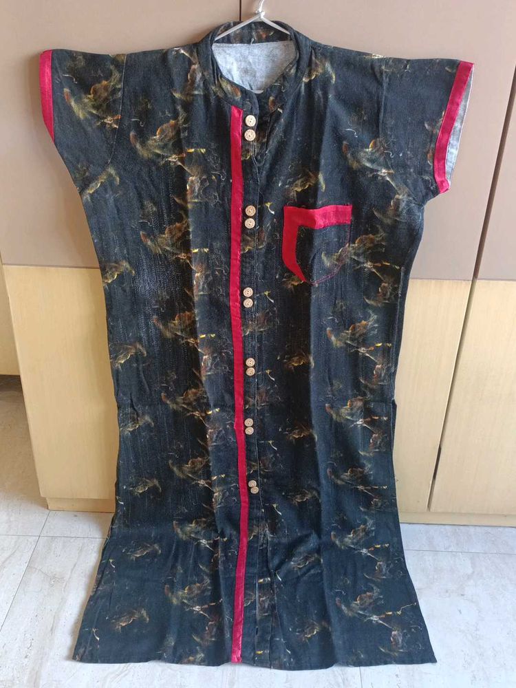 Black Printed Kurta with front pocket